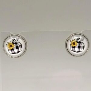Plaid Pumpkin Black & White Stud Earrings, Halloween Jewelry